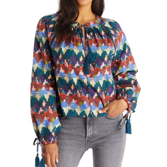 ALLISON NEW YORK Multi Zig Zag Print Brielle Boho Tassel Tie Peasant Top, Sz M - Picture 15 of 15